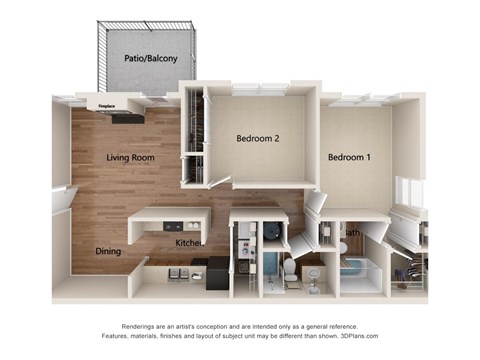 Floor plan for 2 beds, 2 baths, 1050 sqft